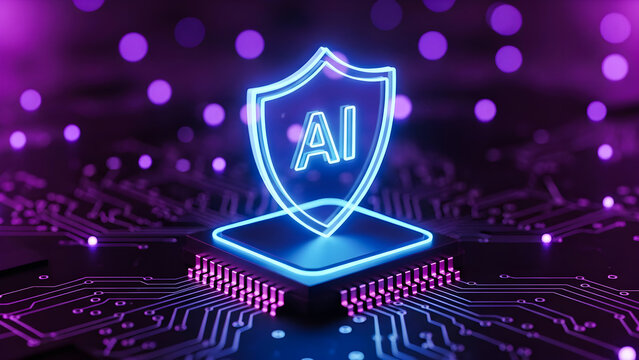 Glowing blue neon artificial intelligence shield icon rests upon a central microchip positioned above a complex circuit board with purple background lights illustrating digital security. - Powered by Adobe