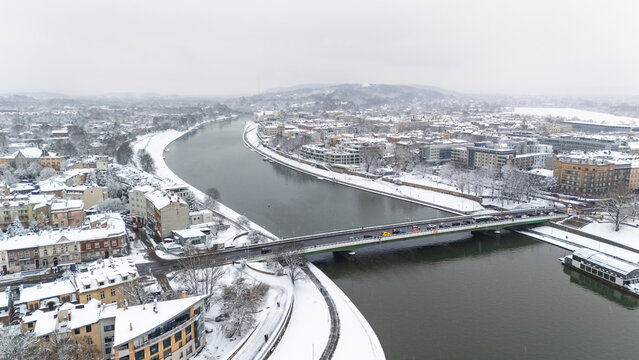 Aerial view of Krakow city streets at night in winter
