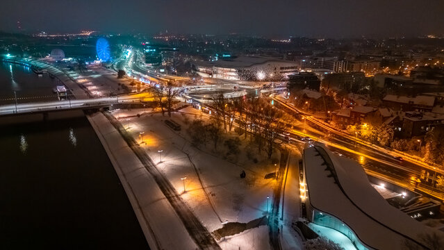 Aerial view of Krakow city streets at night in winter