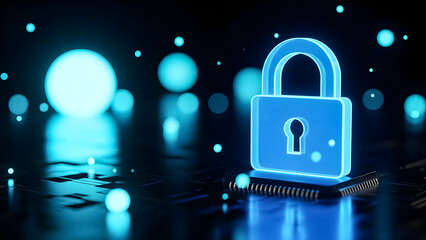 Glowing blue digital padlock icon resting on a complex circuit board symbolizes advanced data protection and network security against cyber threats in a dark technological environment.