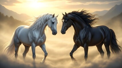 Two majestic powerful horses one black and one white stand facing each other amidst ethereal golden mist near silhouetted mountains during a bright sunrise
