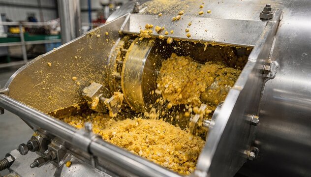 Closeup medium shot focusing on the hammer mill crushing soaked corn kernels inside an enclosed grinder highlighting mechanical motion and raw ingredient processing.