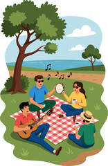 Naklejka premium Create a realistic Group of friends having fun at picnic, playing guitar and singing, seen from above vector art with white background.
