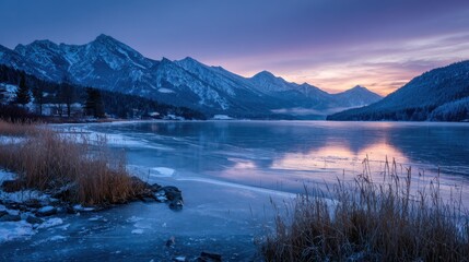 Frozen lake and snow covered mountains at twilight with reeds in foreground winter