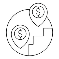 Obraz premium Financial goal setting and investment progress tracking visualized through location pins and upward steps icon