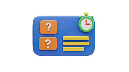 3D Quiz Board with Question Marks and Stopwatch Icon on transparent background