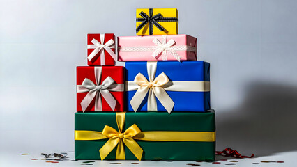 Colorful Gift Boxes Stacked on a Table with Ribbons and Bows