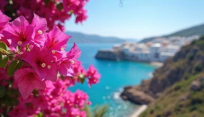 Bright pink bougainvillea flowers bloom in foreground. Turquoise sea and white buildings of greek island village are in background. Sunny day on coast.