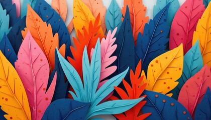 Abstract plant shapes in vibrant colors overlap creating textured jungle pattern. Foliage displays bright pink, orange, yellow, blue hues. Dynamic digital art composition suggests tropical flora