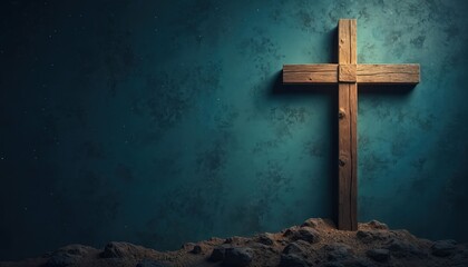Wooden cross stands against dark starry night sky. Symbol of faith sacrifice and religious devotion. Represents hope redemption and spiritual journey. Holy object of worship and prayer.