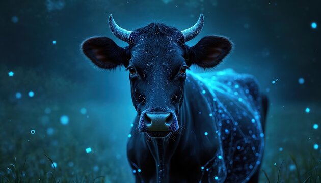 Digital cow glows with blue data streams. Futuristic farm animal stands in dark field. Cybernetic cattle represents agritech innovation and smart farming concepts. - Powered by Adobe