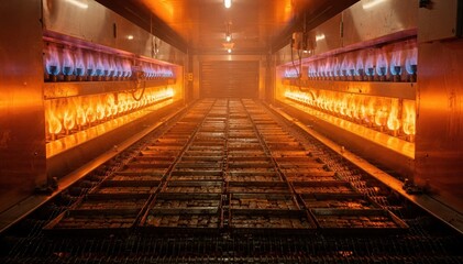 Obraz premium Medium shot inside a gasfired tunnel oven showing glowing burners and evenly spaced baking trays advancing through intense heat zones.
