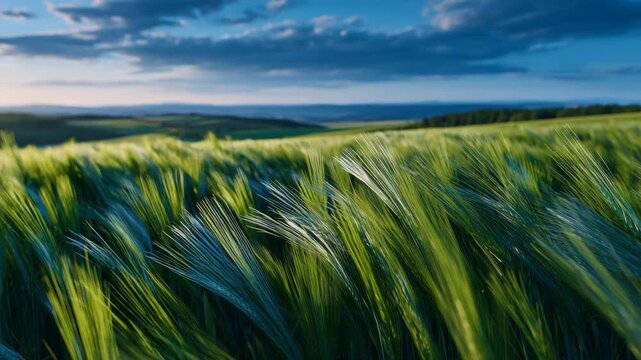 40Wide-angle view of a thriving Lower Rhine grain field, early summer growth captured in vivid detail, clean horizon and natural light, modern agricultural planning and ecological ba