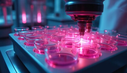 Automated lab equipment tests drug compounds in petri dishes. Robotic arm pipettes liquid into cell cultures under pink light. Precision science research at bio lab.
