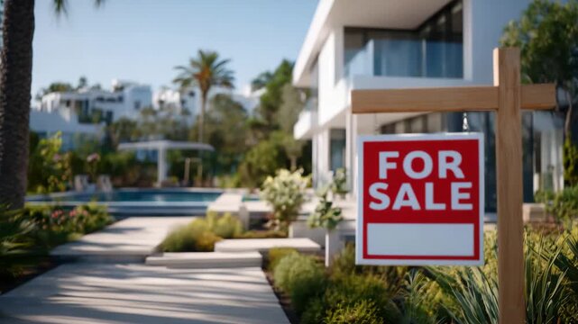 48Close-up view of a for sale sign in front of a new property listing, blurred modern home in the background, shallow depth of field, bright optimistic lighting, housing availability
