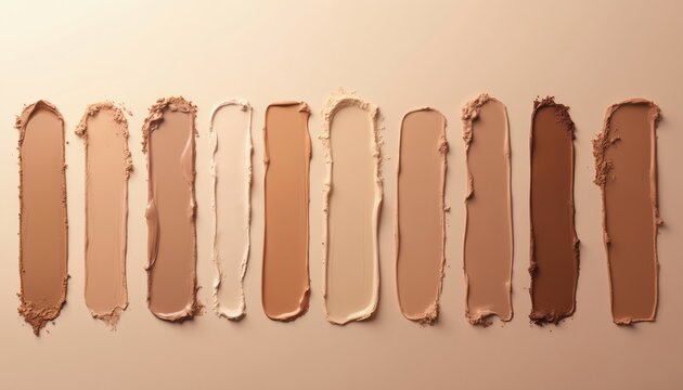 Swatches of foundation makeup in various skin tones. Cream and powder textures blend across nude shades. Beauty product samples show diversity in complexion hues.