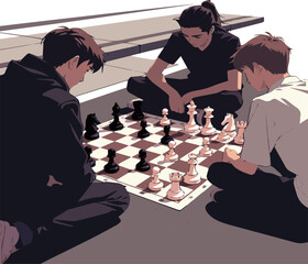 Create a realistic Three young people playing street chess. Low angle view vector art with white background..