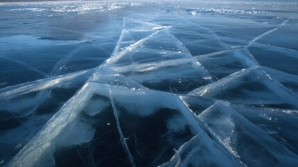 Cracked blue ice surface with geometric patterns and light reflections frozen water