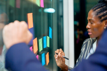 Black businesswoman workshop with post-it idea on the glass wall with team in business meeting workshop.
