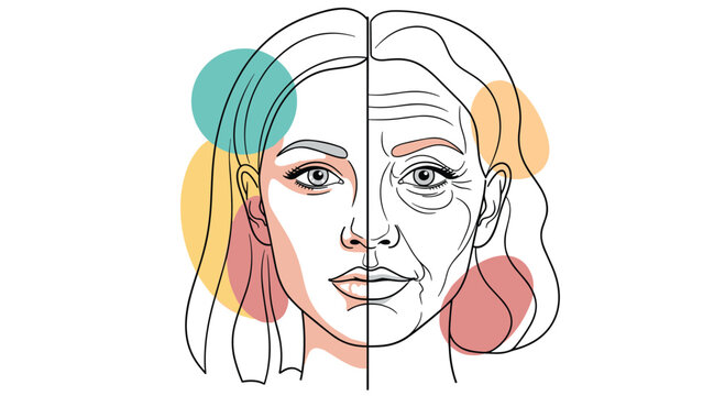 Comparison illustration of a woman face split into young and aging halves with colorful abstract shapes in the background.