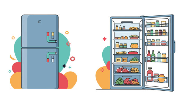 Comparison of a closed blue refrigerator and an open fridge packed with colorful food and drinks on a white background.