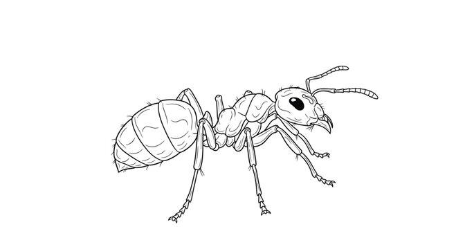 Detailed black and white line art illustration of a worker ant from a side view for nature and biology research projects.