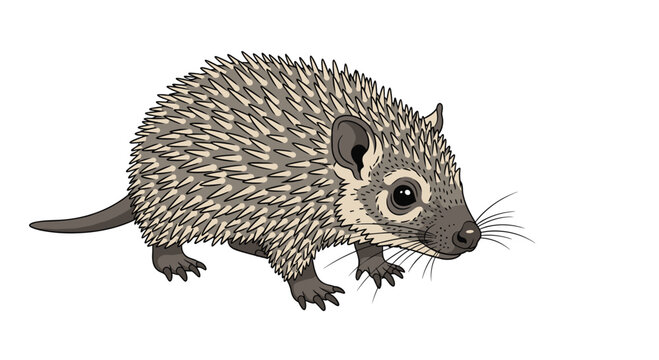 Small spiky brown mammal resembling a tenrec or hedgehog walking forward with detailed spines and large expressive eyes.
