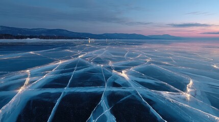 Cracked ice surface with glowing fissures under twilight sky and distant mountains frozen water