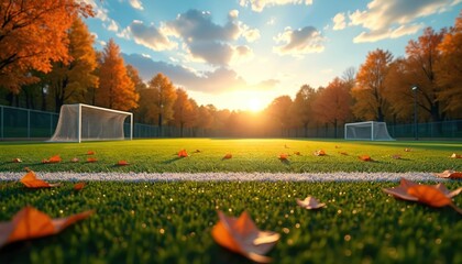 Empty soccer field with goalposts and fallen leaves during autumn sunset. Rich green grass contrasts with bright orange trees under a cloudy sky. Golden hour light bathes the sports ground.