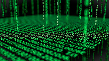 Digital code matrix flowing down on a dark background with a green hue and binary numbers