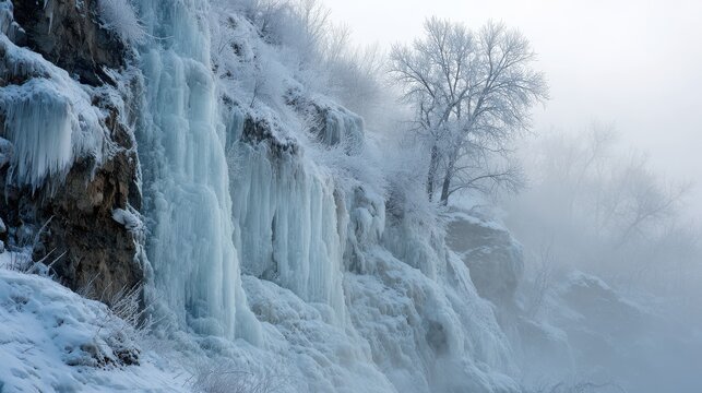Frozen waterfall cascades down rocky cliffside with frosted trees in mist winter - Powered by Adobe