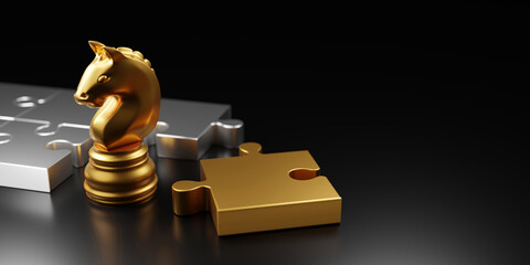 Concept of strategic success golden knight chess and jigsaw puzzle pieces on black background 3D render