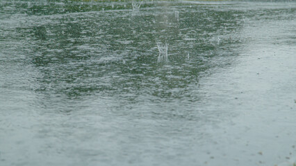 CLOSE UP: Raindrops and hail create ripples in puddles covering asphalt road.