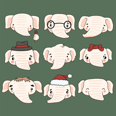 A set of cute white cartoon elephants on a green background. Some elephants are decorated with bows, hats, glasses and flowers. Vector illustration for kids