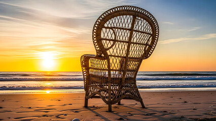 A serene wicker chair stands alone on the sandy beach at sunrise with a breathtaking ocean view