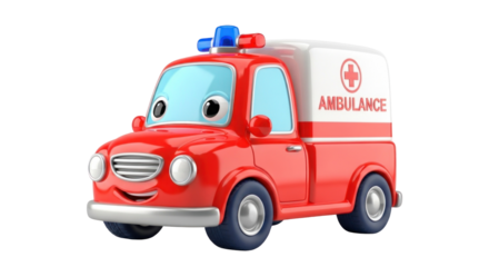 Cute Cartoon Ambulance Car Character with Smiling Face and Blue Lights