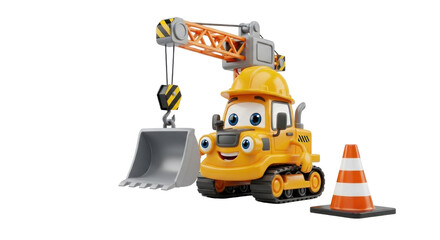 Cartoon Excavator Toy with Crane and Traffic Cone