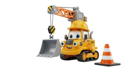 Cartoon Excavator Toy with Crane and Traffic Cone