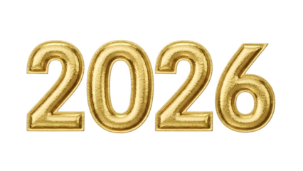 Golden 2026 New Year Numbers, isolated on transparent background