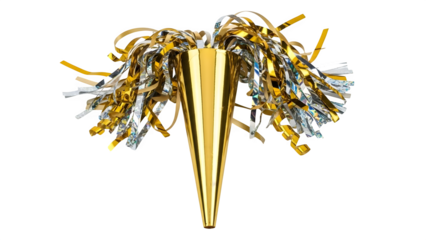 Golden Party Horn with Confetti, isolated on transparent background