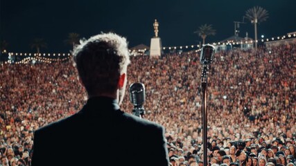 Frontman before a sea of fans at a massive outdoor concert, camera behind the performer to show roaring crowd energy, stadium lights and festival atmosphere perfect for music, events and liv