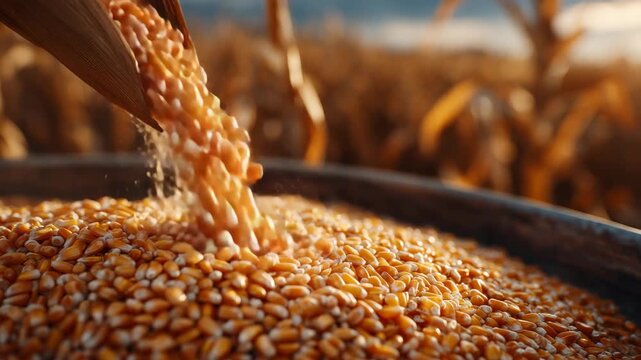 99Dynamic agricultural scene of golden corn kernels pouring from a grain bin, cascading in a rich stream, sunlight catching each kernel to create warm highlights, rural farm setting