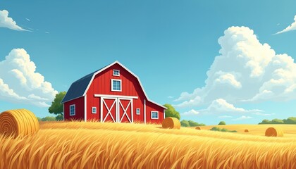 Red barn sits in golden field under bright blue sky with fluffy white clouds. Hay bales dot landscape of cartoon farm setting. Agriculture, countryside themes prominent in idyllic rural scene.