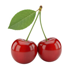 Two ripe red cherries with green leaf on white background
