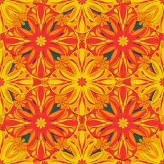 seamless floral background,red, orange, yellow curves ,painted create to flower shape,leaves,stars,green background in geometric patterns as sarong,fabric,tile,printed fabric,batik,tablecloth patterns