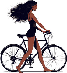 Obraz premium Create a realistic Beautiful black woman walking with a bicycle and looking back over her shoulder vector art with white background.