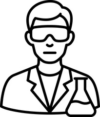 Obraz premium Scientist man icon wearing safety goggles and lab coat, holding a flask. Science, education and research concept. Vector illustration