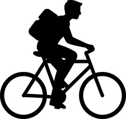 Obraz premium Man riding bicycle with backpack. Flat black silhouette. Courier or delivery service concept. Vector icon for sign, app, web, pictogram