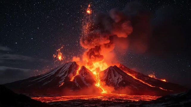 Volcanic eruption with fiery explosions