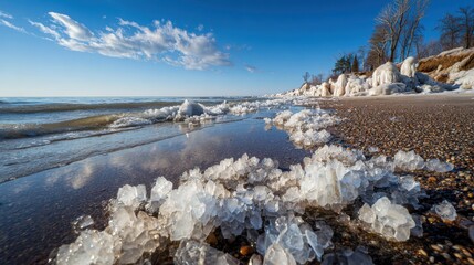 Ice formations on a rocky beach with waves under a blue sky shore water